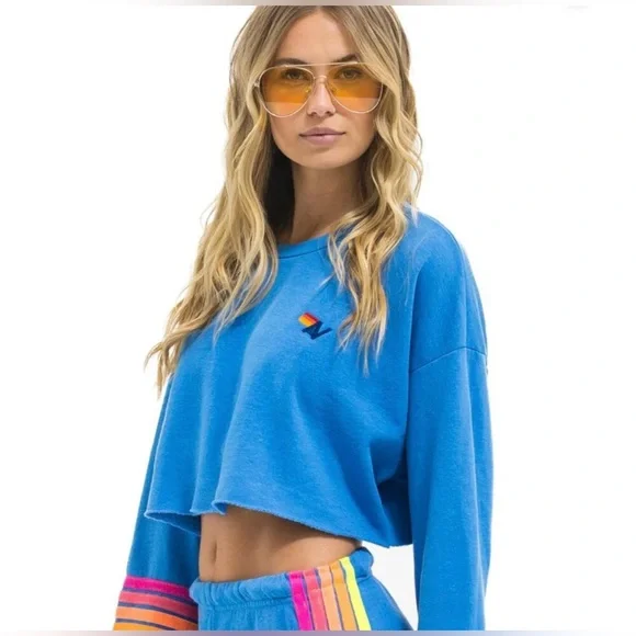 NWT Aviator Nation | RUGBY CROPPED CREW SWEATSHIRT | Cobalt/ Neon | Size S - Picture 2 of 8